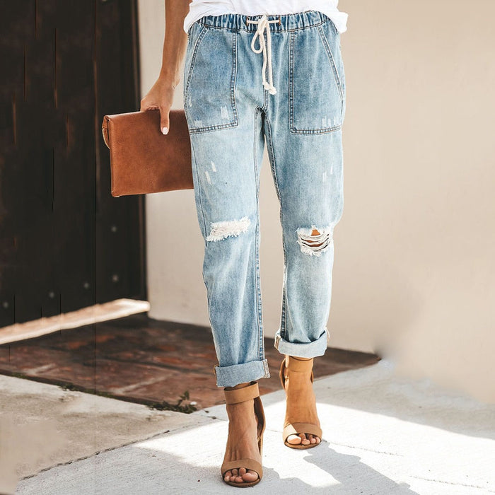 Vanessa - Modieuze jeans voor dames met elastische tailleband | Trendy gescheurde jeans