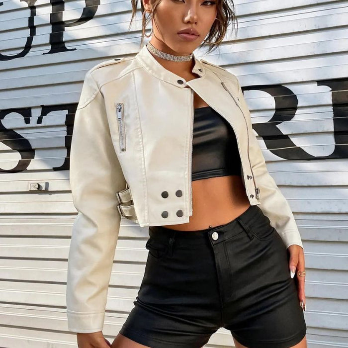 Demetria | Damesmode Lederen Motorjas | Gespen Met Ritssluiting biker-Bovenkleding | Zomerjack dames