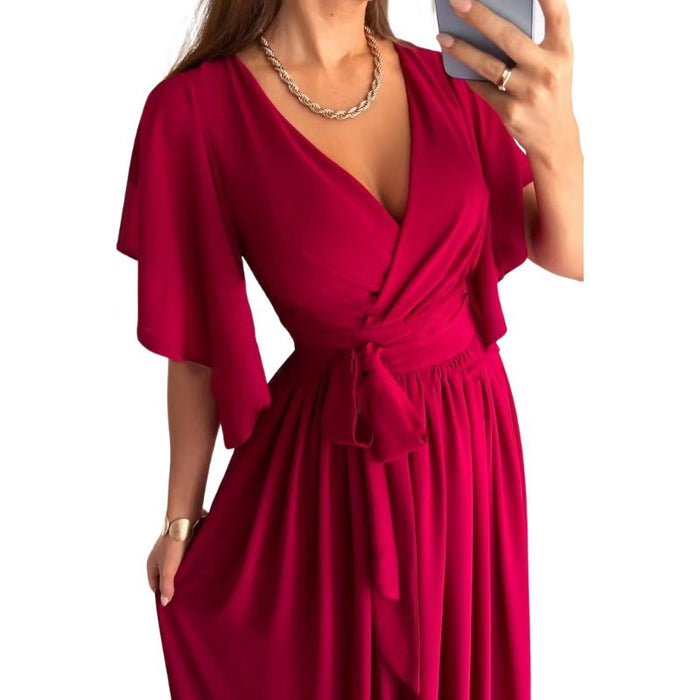 Harper | Chique Bell Sleeve Vrouwenjurk | Effen Kleur Los Fit V-hals Midi Dress