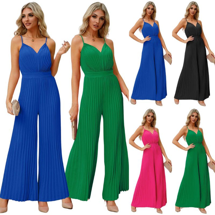 Chiara | Elegante V-hals Geplooide Jumpsuit | Effen Kleur Los Rechte Broek Dameskleding