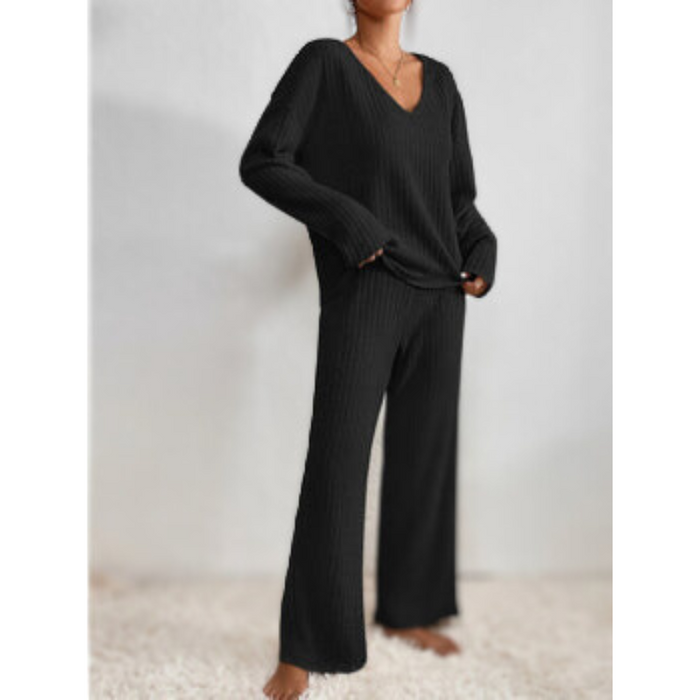 COZYCHIC | Gebreide ronde hals tweedelige set | Dames Wijde Broek Lange Mouw Set