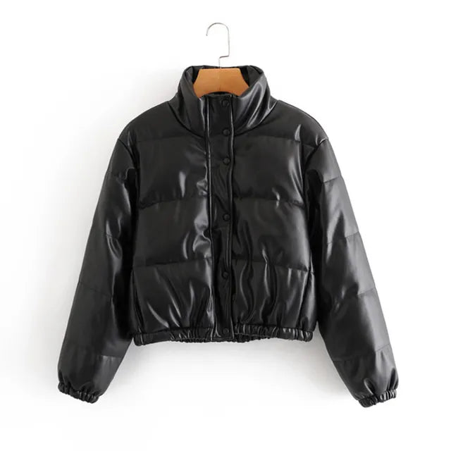 ELENA | Trendy Kort PU Leren Winterjas voor Dames - Luxe en Warme Zwarte Cotton Padded Parka met Ritsdetail