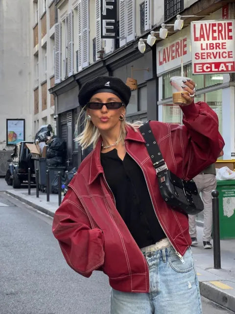 RUBY | Rode Herfst Chic Contraststiksels Damesjas - Lange Mouw Ritssluiting