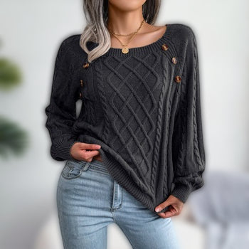 VELVET | Warme Acryl Trui met Vierkante Halslijn en Knopen - Luxe Winterkleding Dames