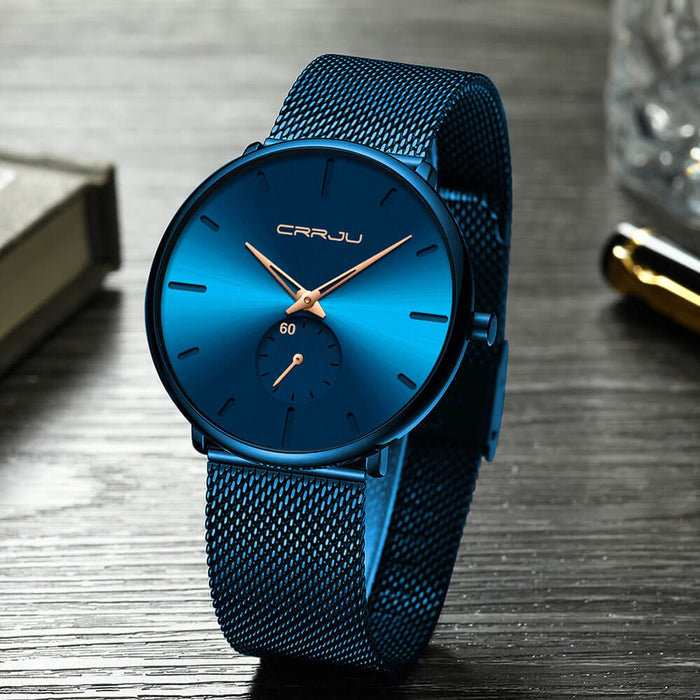 MidnightSteel- All Black steel blue horloge analoog strak modern minimalistisch