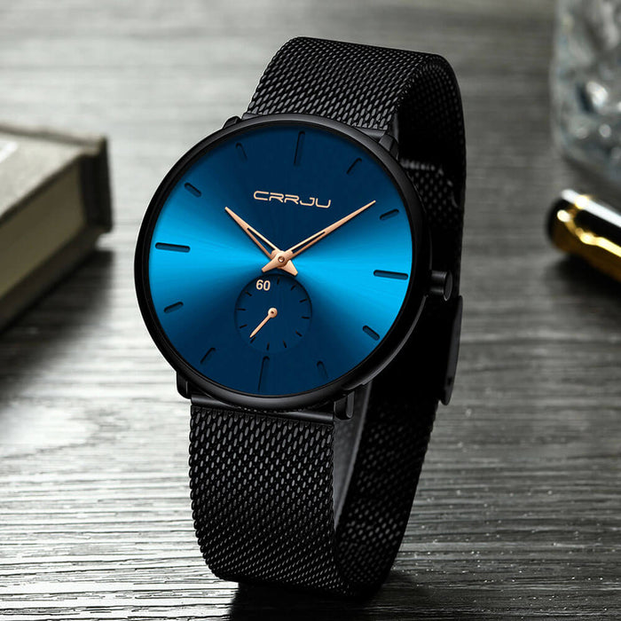 MidnightSteel- All Black steel blue horloge analoog strak modern minimalistisch