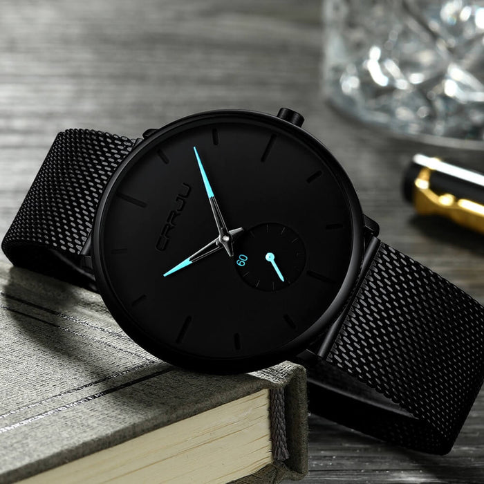 MidnightSteel- All Black steel blue horloge analoog strak modern minimalistisch