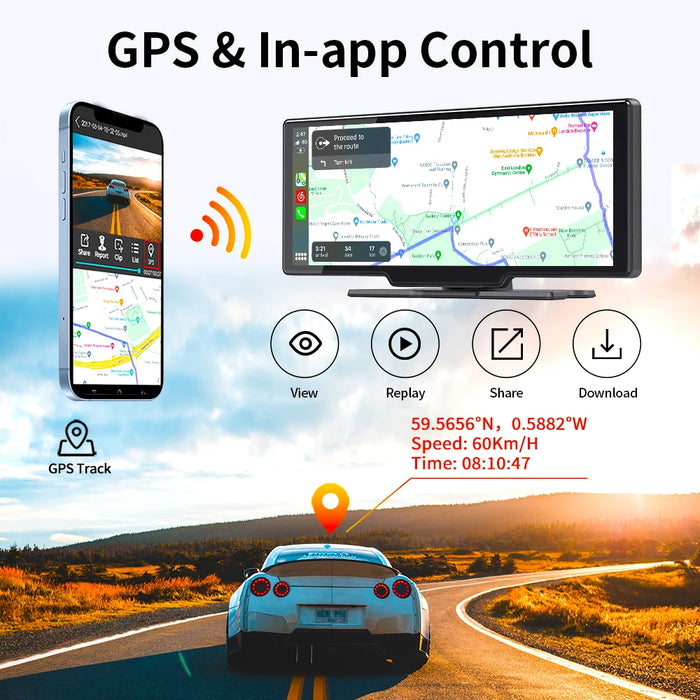 QUICKLY | 10.26" 4K Dash Cam met Draadloze carplay & Android Auto, DVR, 5G Wifi, GPS Navigatie, Achteruitkijkcamera, Dashboard Videorecorder