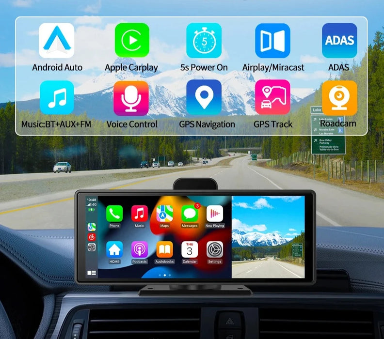 QUICKLY | 10.26" 4K Dash Cam met Draadloze carplay & Android Auto, DVR, 5G Wifi, GPS Navigatie, Achteruitkijkcamera, Dashboard Videorecorder
