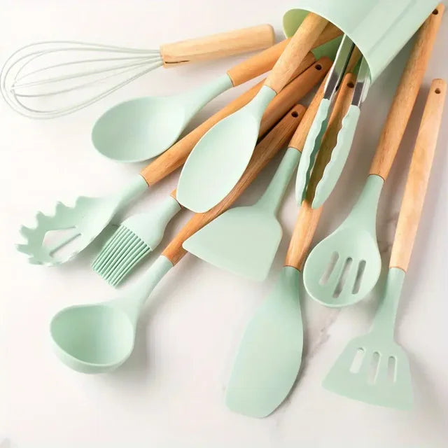 KitchenStyle | Siliconen Kookgerei Set met Houten Handvat | Stijlvol en Hittebestendig