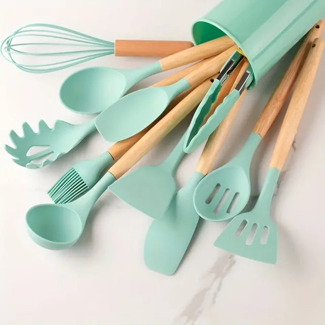 KitchenStyle | Siliconen Kookgerei Set met Houten Handvat | Stijlvol en Hittebestendig