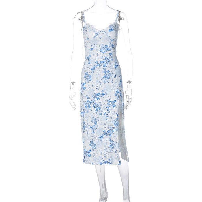 ROZANNE | Kant Bloemenprint Lange Jurk | Sexy Mode Split Schouderband Jurk | Zomer Dameskleding
