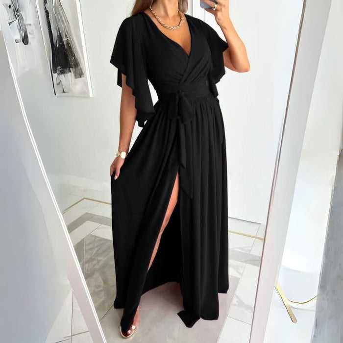 Harper | Chique Bell Sleeve Vrouwenjurk | Effen Kleur Los Fit V-hals Midi Dress