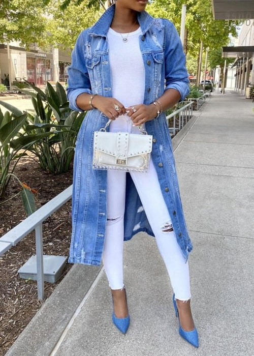 Jessica - Lange denim oversized jas voor dames, casual en klassieke stijl