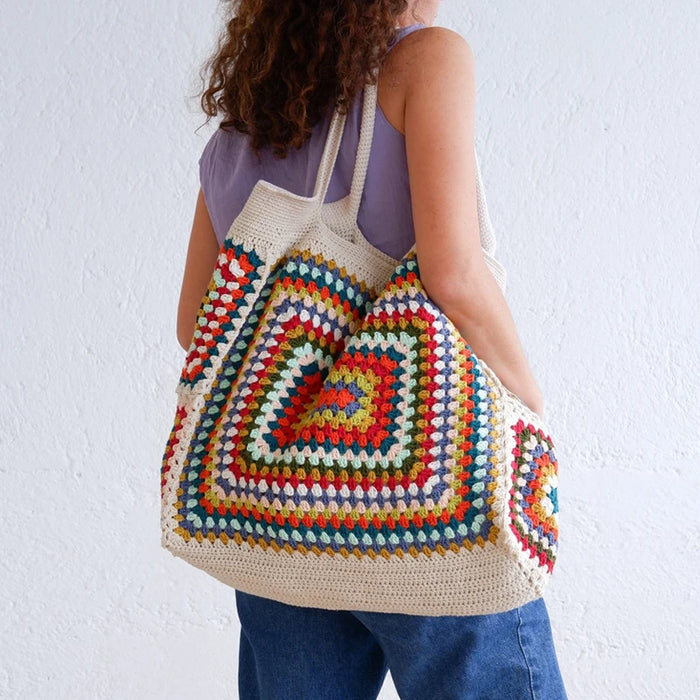 MARIGOLD | Handgemaakte Granny Square Witte Strandtas | Kleurrijke Gehaakte Schoudertas