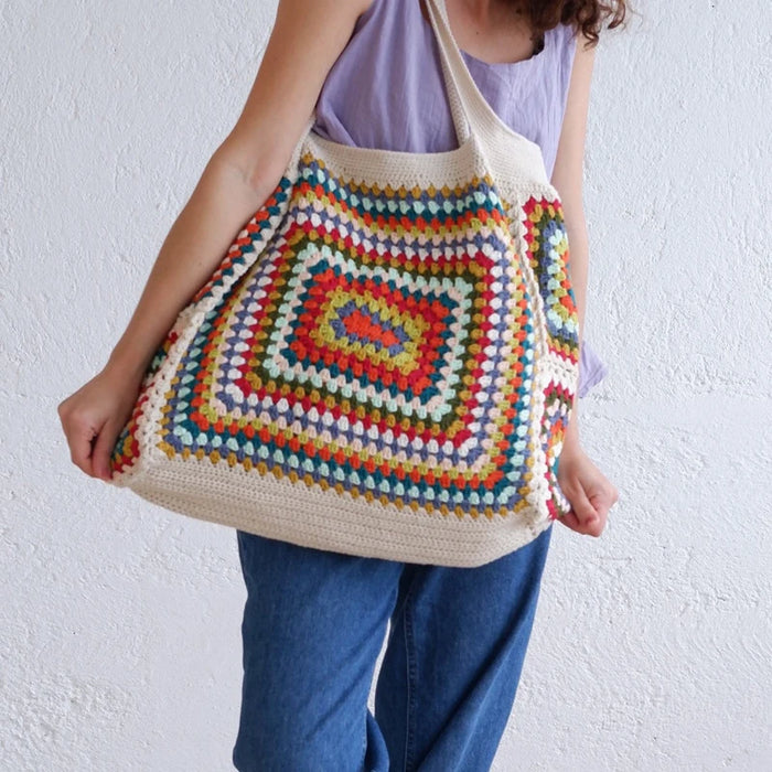 MARIGOLD | Handgemaakte Granny Square Witte Strandtas | Kleurrijke Gehaakte Schoudertas