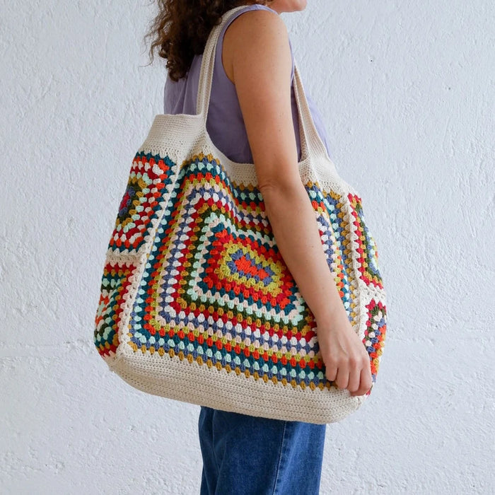 MARIGOLD | Handgemaakte Granny Square Witte Strandtas | Kleurrijke Gehaakte Schoudertas