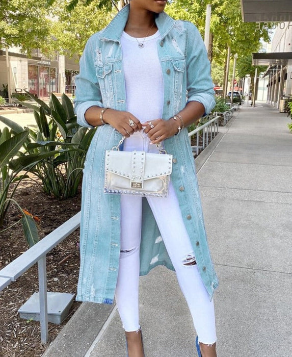 Jessica - Lange denim oversized jas voor dames, casual en klassieke stijl