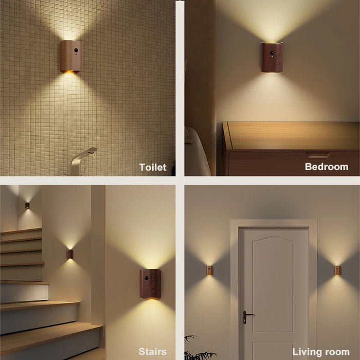 LightFountain | Houten Draadloze USB Oplaadbare Wandlamp met Bewegingssensor | Sfeervolle Verlichting