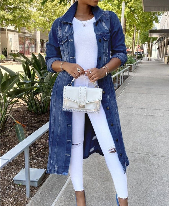 Jessica - Lange denim oversized jas voor dames, casual en klassieke stijl