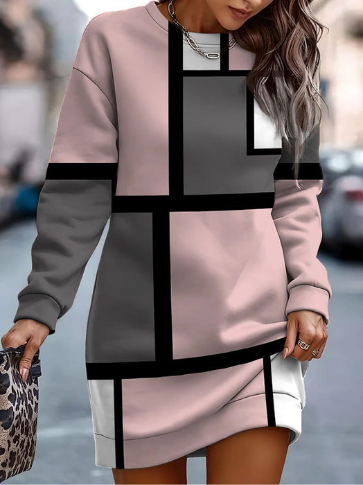 LUXURY DIVA | Bedrukte Sweater Jurk met Contrastkleuren | Stijlvolle Gebreide Jurk