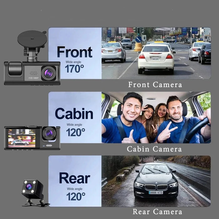 TriCam Pro | 3-Kanaals Auto DVR | 1080P HD | 2 Inch Scherm