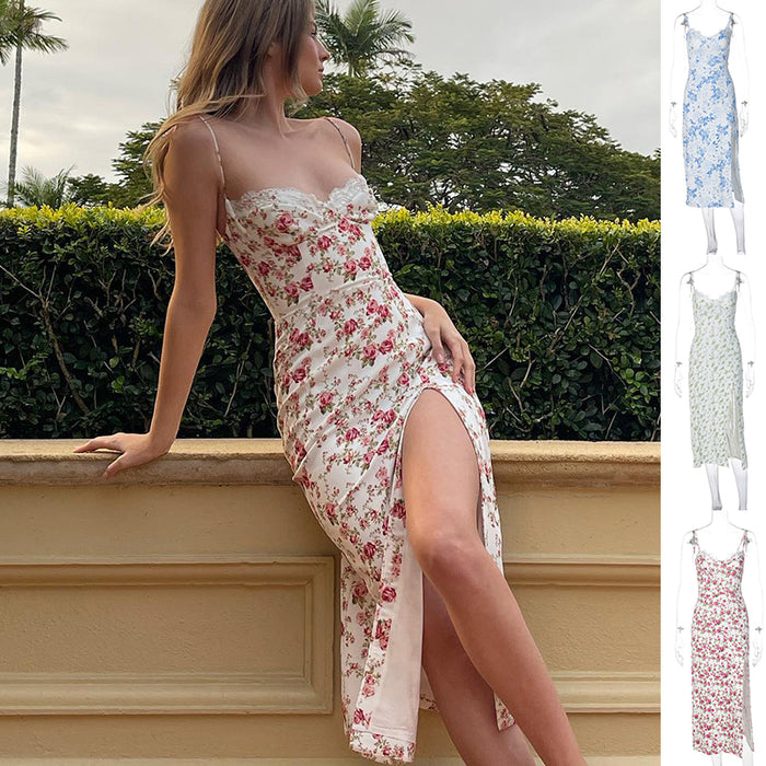 ROZANNE | Kant Bloemenprint Lange Jurk | Sexy Mode Split Schouderband Jurk | Zomer Dameskleding