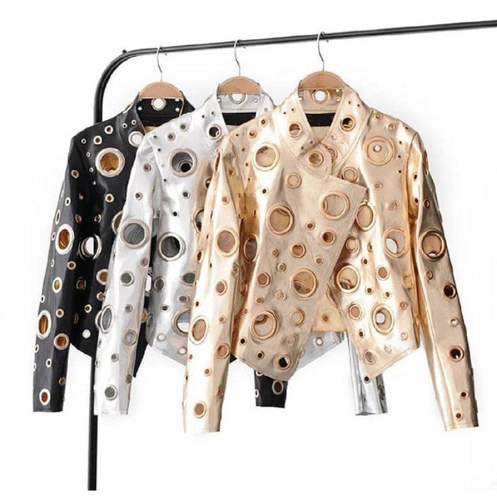 Revoria Metallic Gaten Bikerjack | Glanzend en stoer