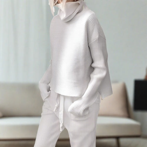 Cecilia - Comfortabele tweedelig katoenen set met hoge kraag, comfortabele en chique stijl