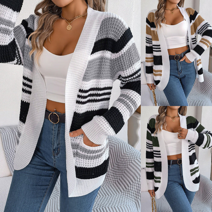 EVERGREEN | Gestreepte Dames Cardigan | Trendy Winter Vest met Zakken | Losvallend en Warm