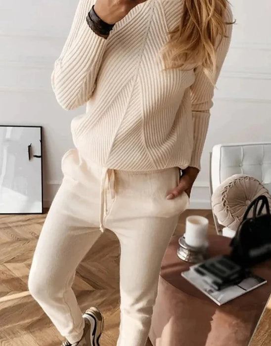 CHICCOZY | Dames Herfst Winter Trainingspak | Stijlvol Gestreepte Coltrui en Elastische Broek | Trendy Gebreide Tweedelige Set