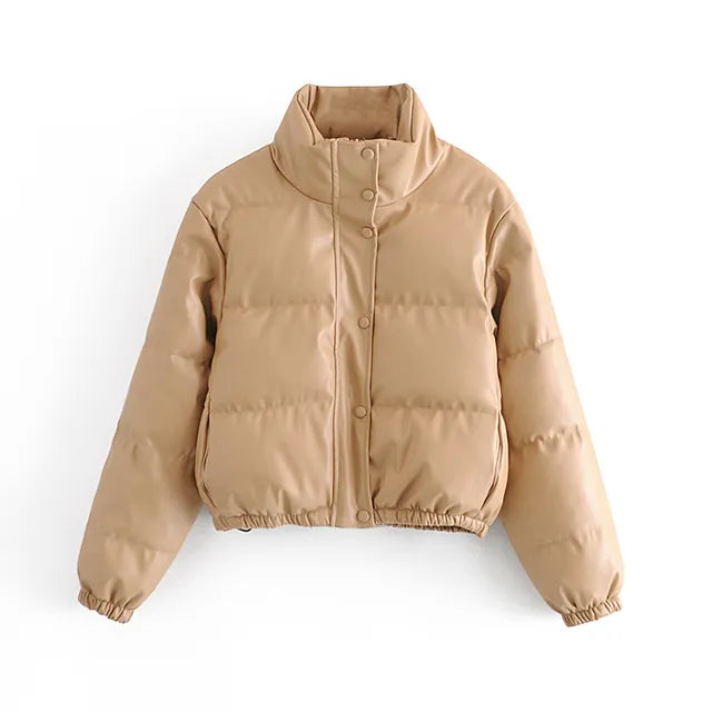 ELENA | Trendy Kort PU Leren Winterjas voor Dames - Luxe en Warme Zwarte Cotton Padded Parka met Ritsdetail