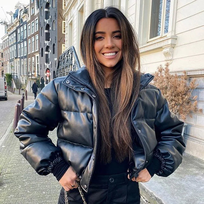 ELENA | Trendy Kort PU Leren Winterjas voor Dames - Luxe en Warme Zwarte Cotton Padded Parka met Ritsdetail