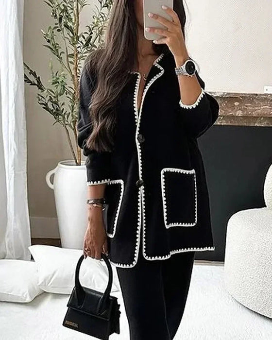 CHICIFY | Dames Elegant 2-Delig Set | Stijlvol Contrast Kleur Patchwork | Comfortabele Winterkleding voor Kantoor of Casual Gelegenheden